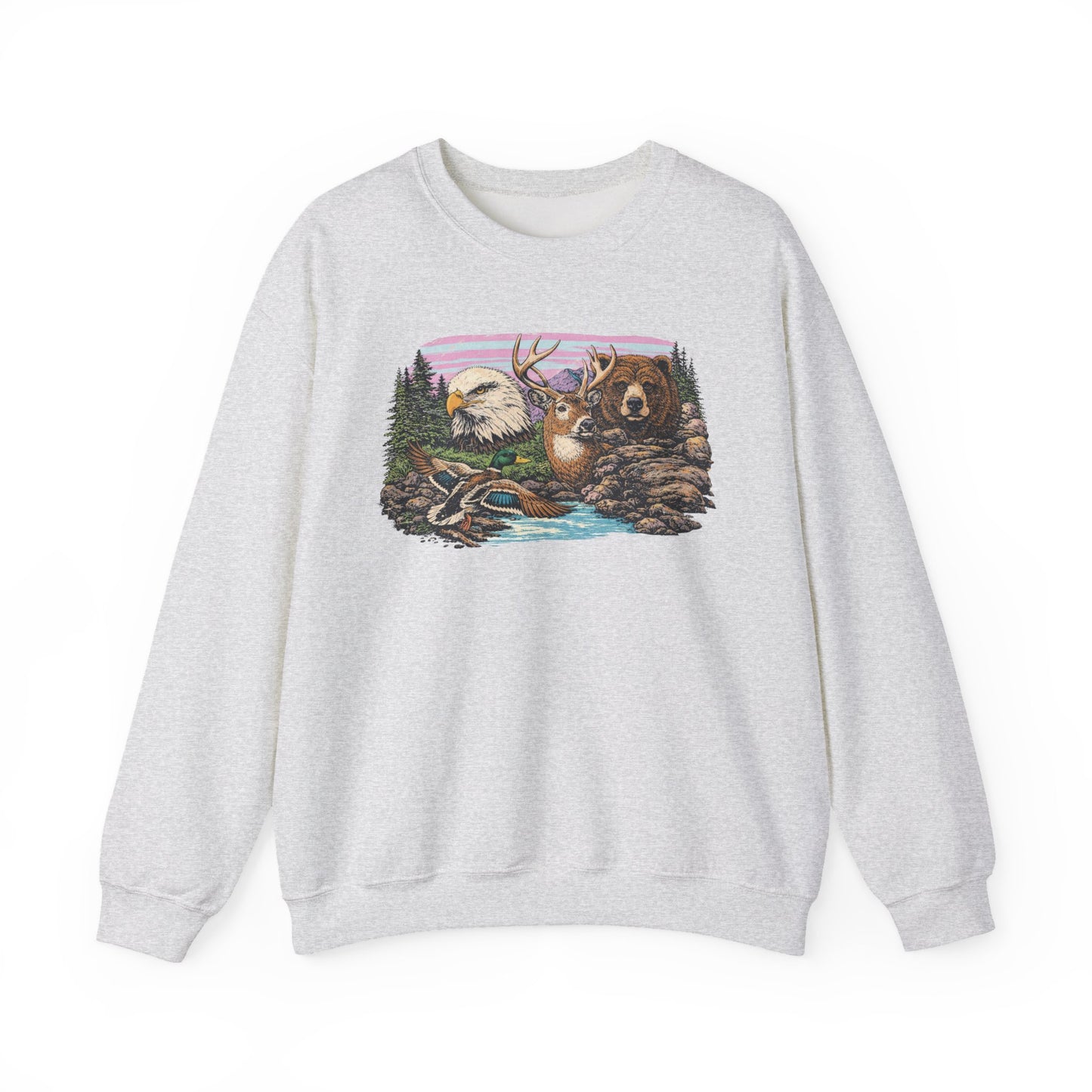 Wildlife Scene Sweatshirt — Eagle, Deer & Bear Nature Pullover