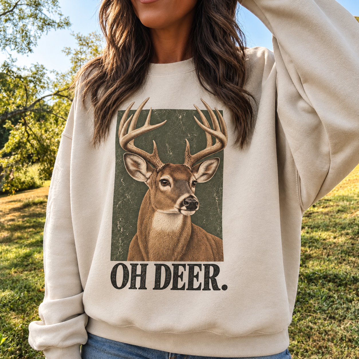 Oh Deer Vintage Whitetail Buck Graphic Crewneck Sweatshirt
