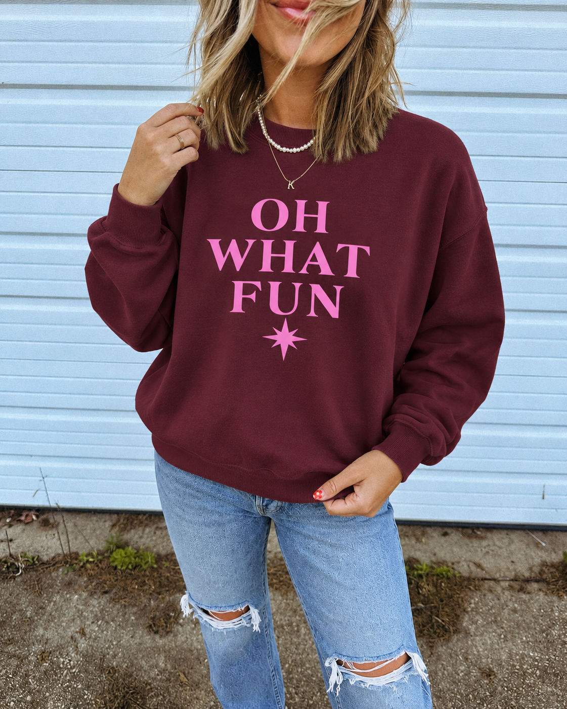 Oh What Fun Christmas Crewneck Sweatshirt – Burgundy & Pink