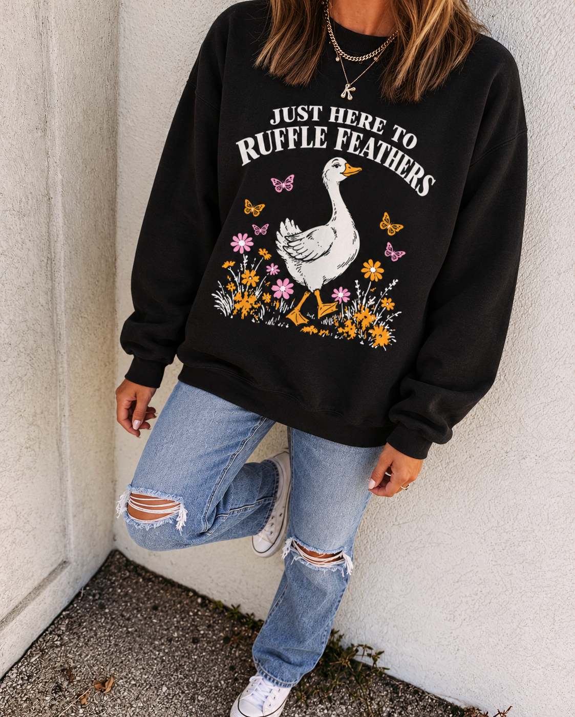 Just Here to Ruffle Feathers Goose Crewneck Sweatshirt – Black