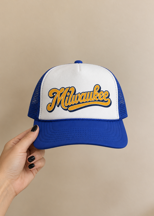 Milwaukee Retro Script Trucker Hat – Royal Blue & White
