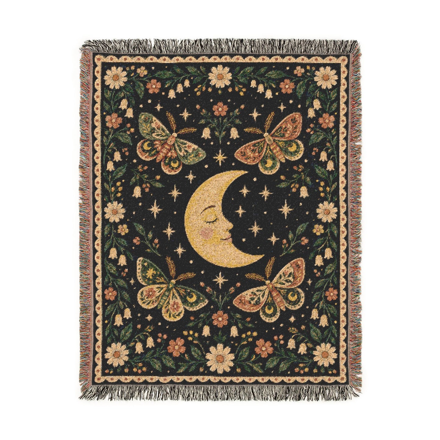 Sleepy Moon & Moths Woven Throw Blanket