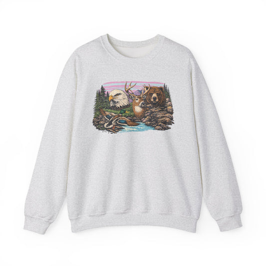 Wildlife Scene Sweatshirt — Eagle, Deer & Bear Nature Pullover