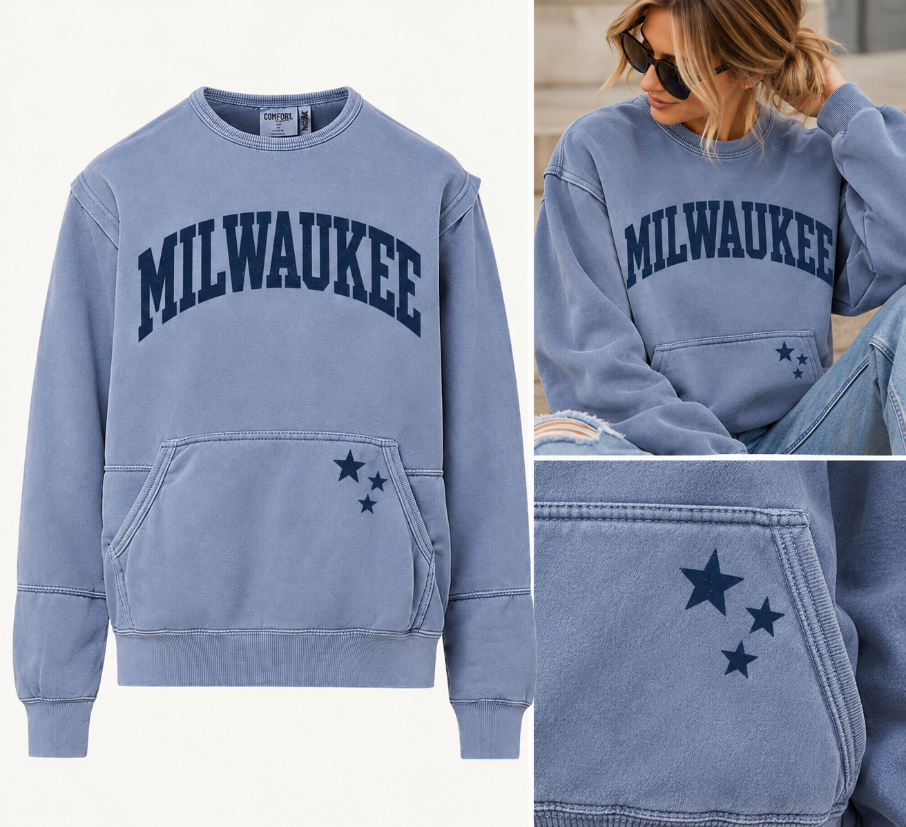 Milwaukee Vintage Wash Pocket Crewneck Sweatshirt | Blue