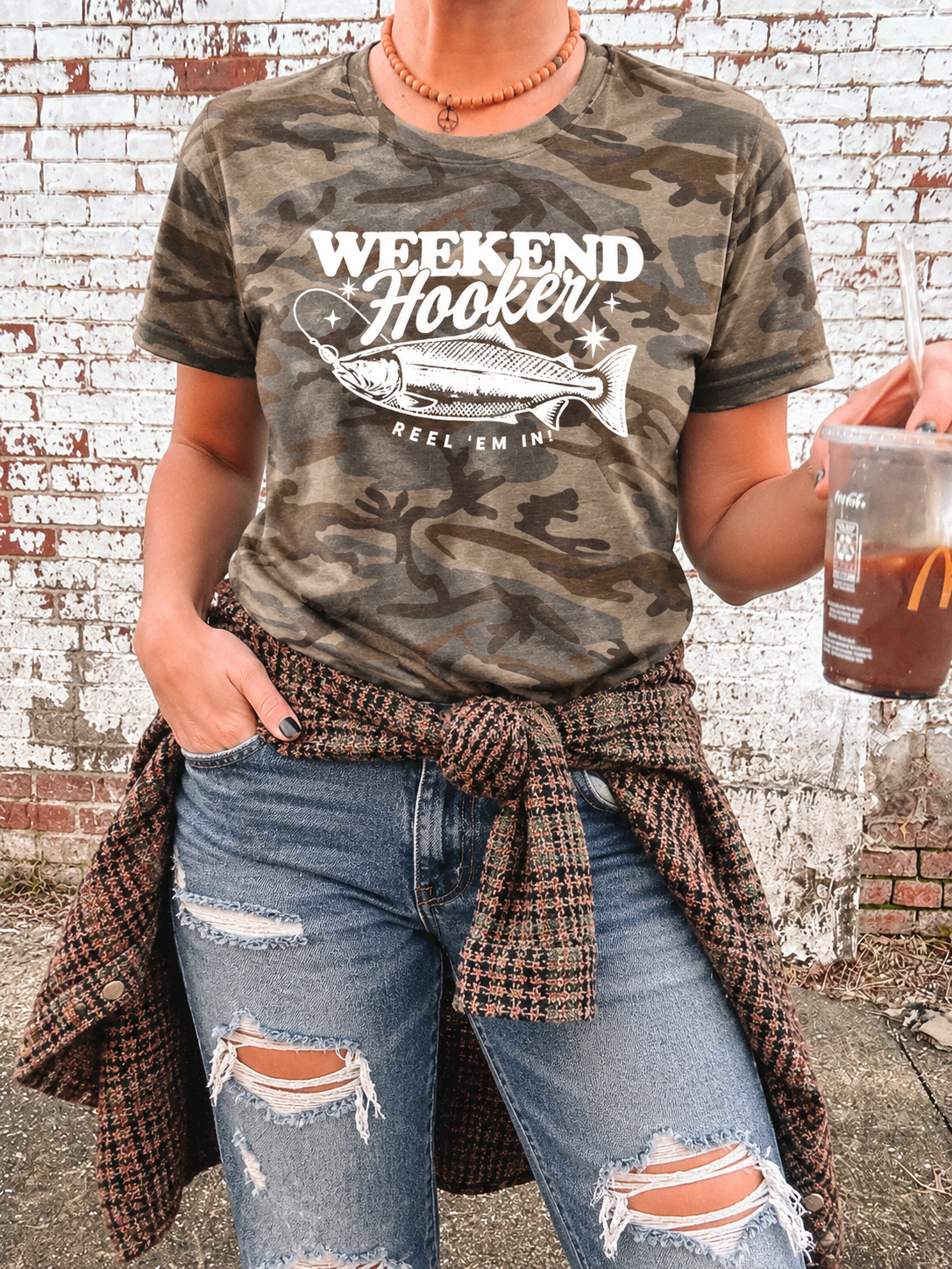 Weekend Hooker Vintage Fishing Graphic Camo T-Shirt