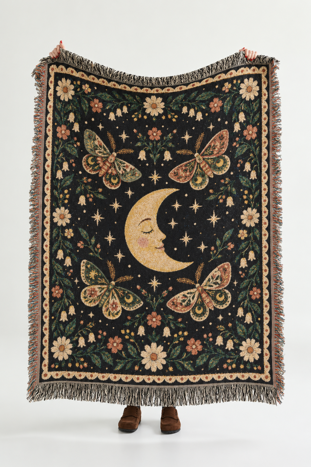 Sleepy Moon & Moths Woven Throw Blanket