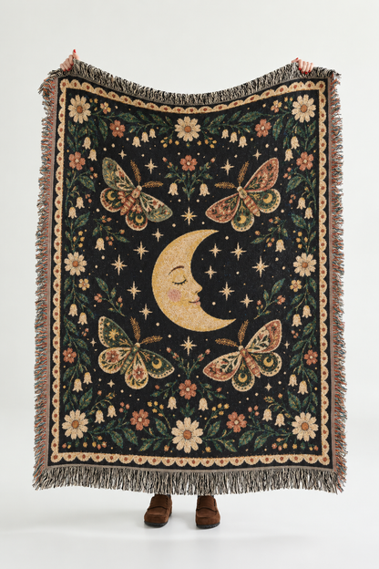 Sleepy Moon & Moths Woven Throw Blanket