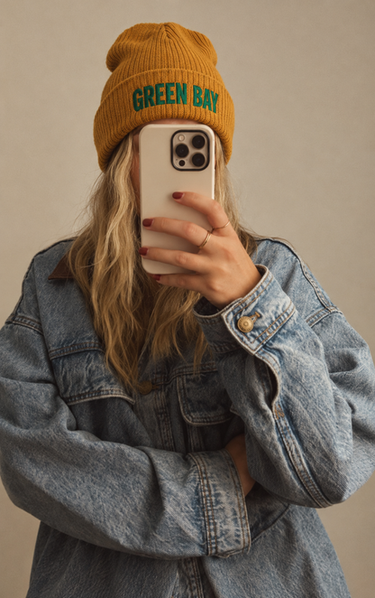 Green Bay Embroidered Cuffed Beanie – Mustard & Green