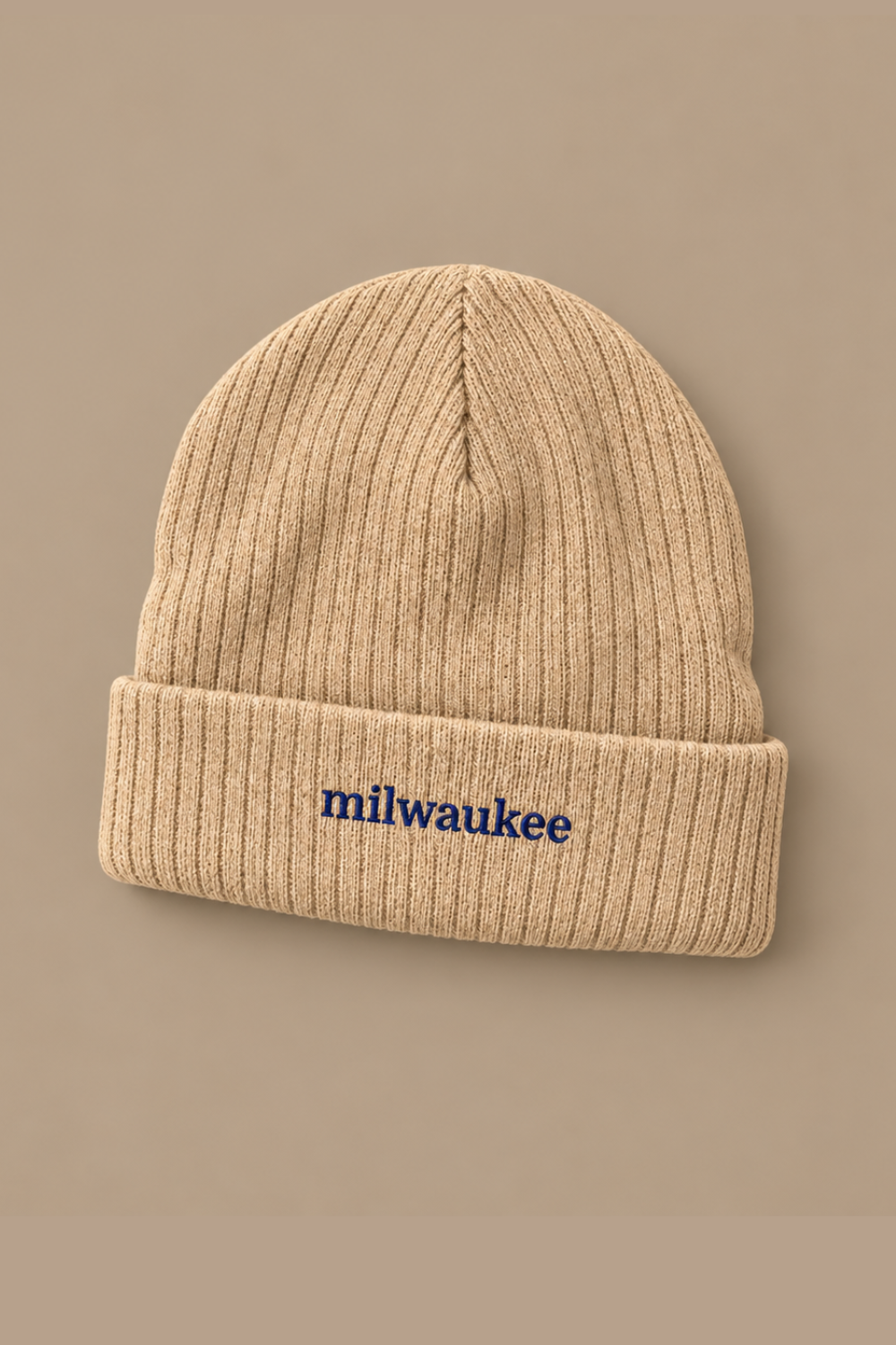Milwaukee Embroidered Beanie – Beige & Navy