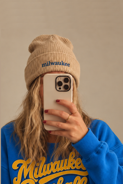 Milwaukee Embroidered Beanie – Beige & Navy