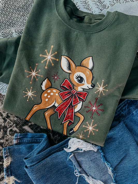 Vintage Christmas Deer Graphic Crewneck Sweatshirt | Retro Holiday Fawn