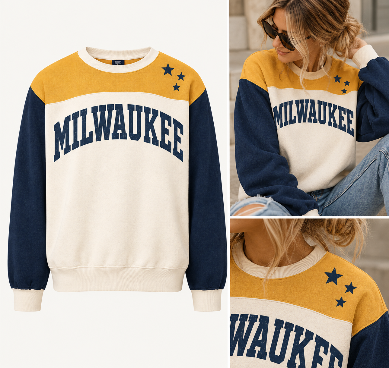 Milwaukee Vintage Colorblock Crewneck Sweatshirt | Navy & Gold